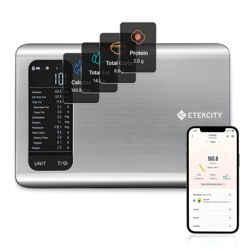 Etekcity Smart Food Kitchen Scale with Nutritional Calculator, Free App with 19 Nutrients Tracking, Calorie, Marco, Digital grams and ounces for weight loss, Premium Stainless Steel, 11lb