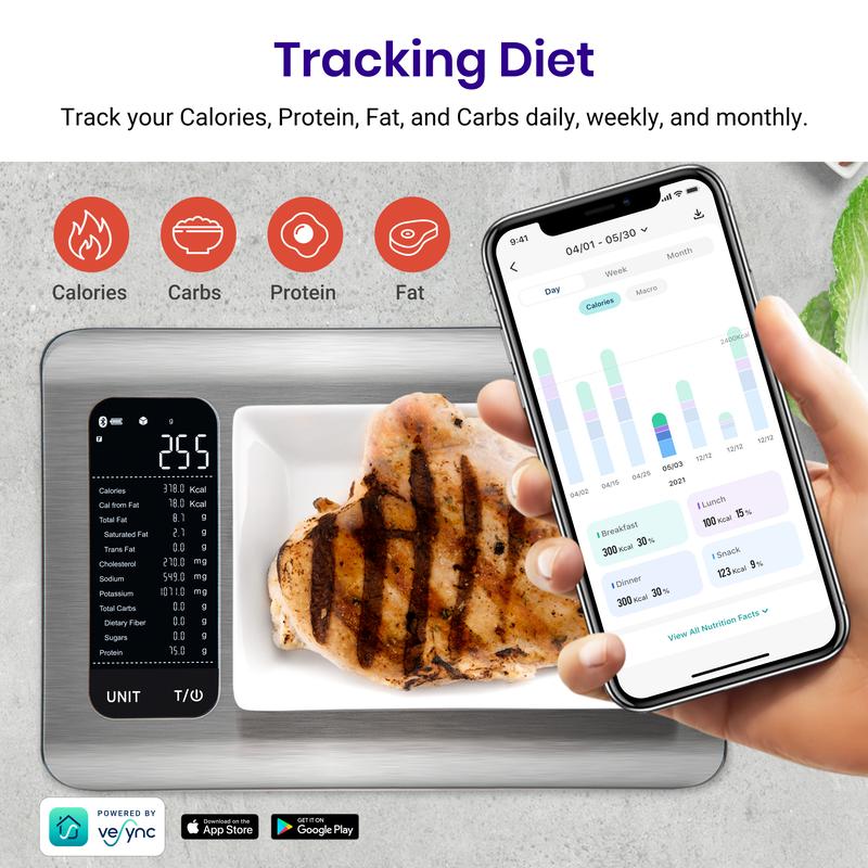 Etekcity Smart Food Kitchen Scale with Nutritional Calculator, Free App with 19 Nutrients Tracking, Calorie, Marco, Digital grams and ounces for weight loss, Premium Stainless Steel, 11lb