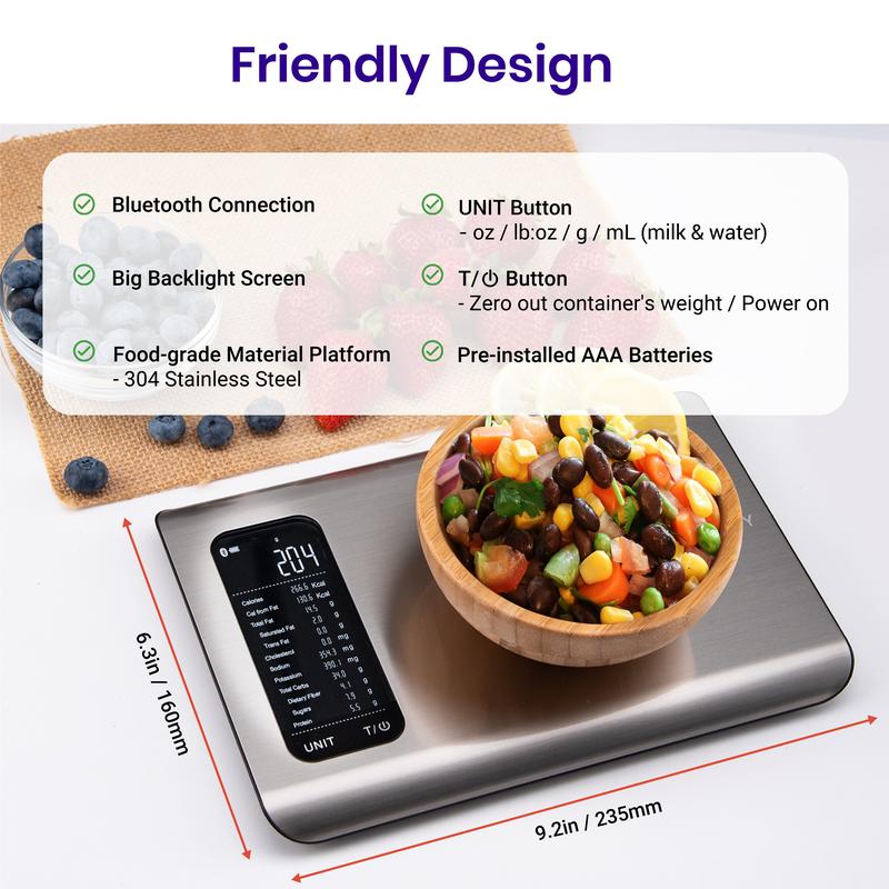 Etekcity Smart Food Kitchen Scale with Nutritional Calculator, Free App with 19 Nutrients Tracking, Calorie, Marco, Digital grams and ounces for weight loss, Premium Stainless Steel, 11lb