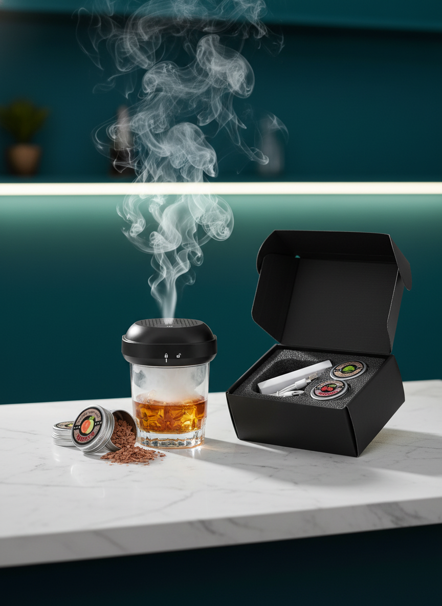 Rechargeable electric whiskey smoker kit producing smoke into a cocktail glass on a modern surface, with deep teal and white 