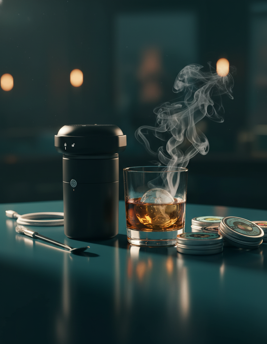 Rechargeable Eco-Friendly Electric Whiskey Smoker Kit and a glass of smoked whiskey on a deep teal surface, dimly lit.